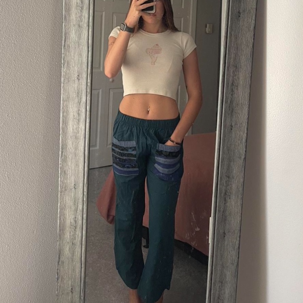 blue linen pants with funky print pockets